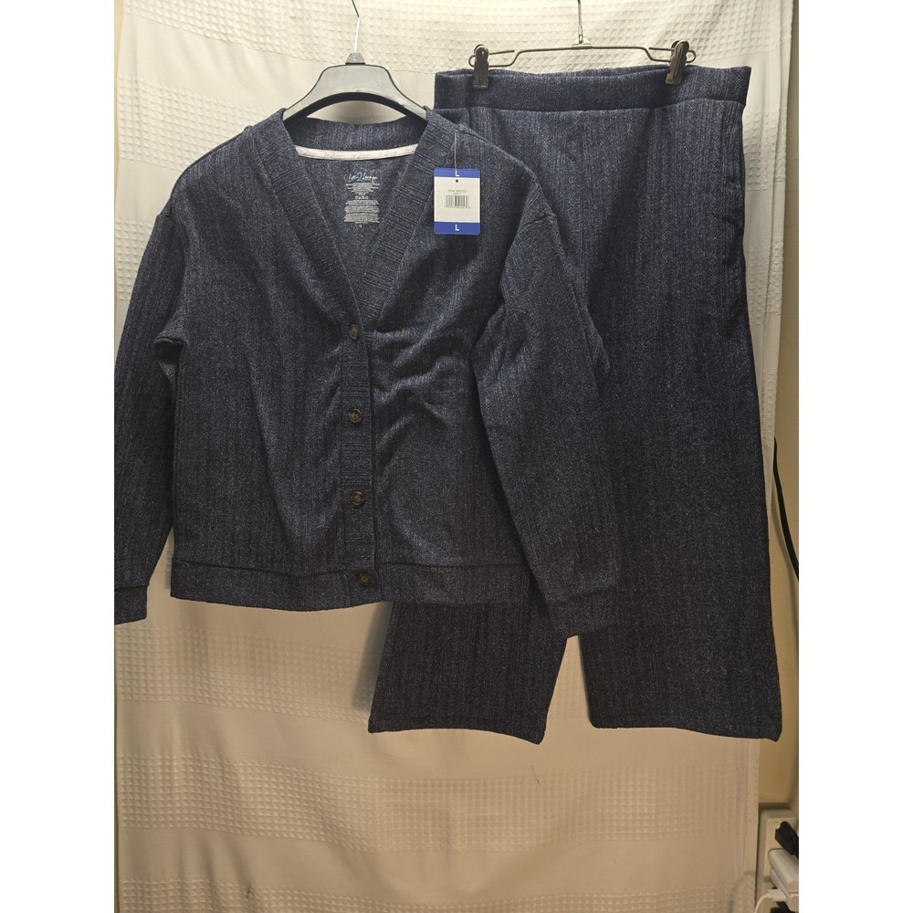 Live 2 Lounge Womens Navy Blue Knit Lounge Set Cardigan and Pants Large NEW